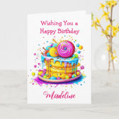 Whimsical Frosted Cake Gepersonaliseerde Verjaarda Kaart (Gele Bloem)