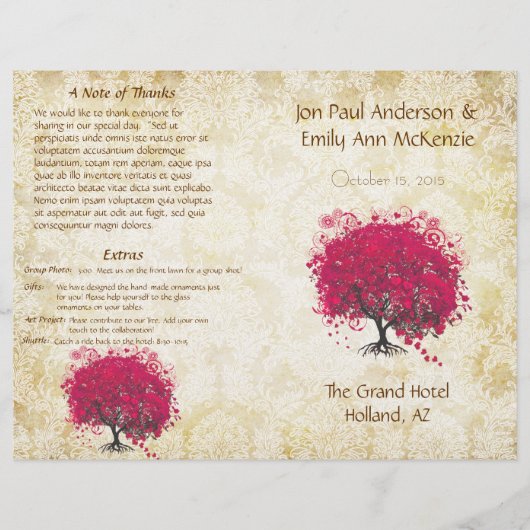 Whimsical Fuchsia Heart Leaf Tree Wedding Program (Voorkant)