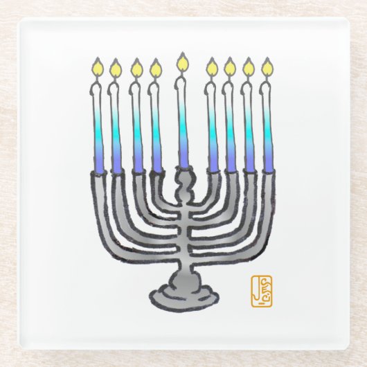 Whimsical Fully Lit Menorah Giftable Glazen Onderzetter (Voorkant)
