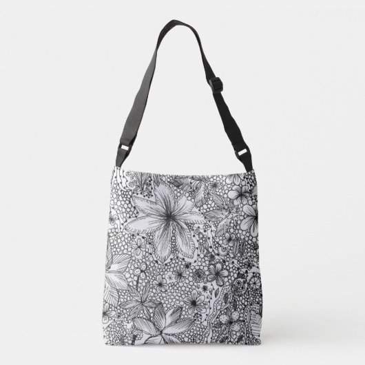 Whimsical Fun Funky Black and White Floral Crossbody Tas (Achterkant)