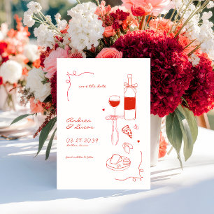 Whimsical Fun Hand getrokken Lijst Wijn Pizza Huwe Save The Date