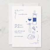 Whimsical Fun Hand getrokken Lijst Wijn Pizza Huwe Save The Date (Voorkant)