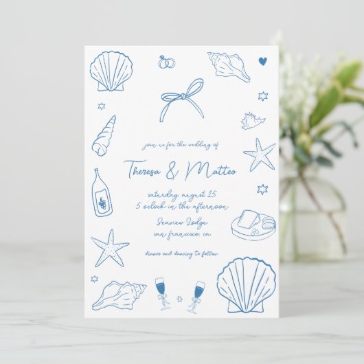 Whimsical Fun Hand Getrokken Nautische Kust Trouwe Kaart (Staand voorkant)