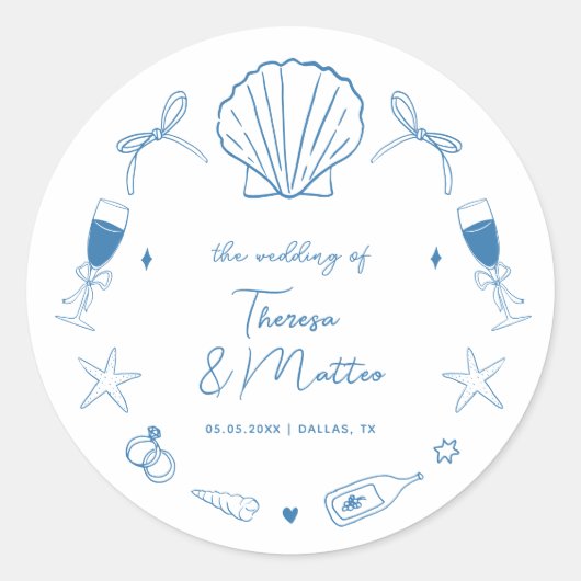 Whimsical Fun Hand Getrokken Nautische Kust Trouwe Ronde Sticker (Voorkant)