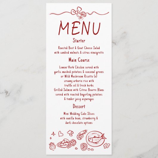 Whimsical Funky Decor Handwritten Red Wedding Menu (Devant)