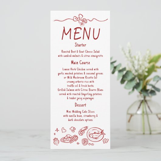 Whimsical Funky Decor Handwritten Red Wedding Menu (Debout devant)