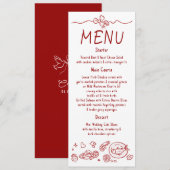 Whimsical Funky Decor Handwritten Red Wedding Menu (Devant / Derrière)