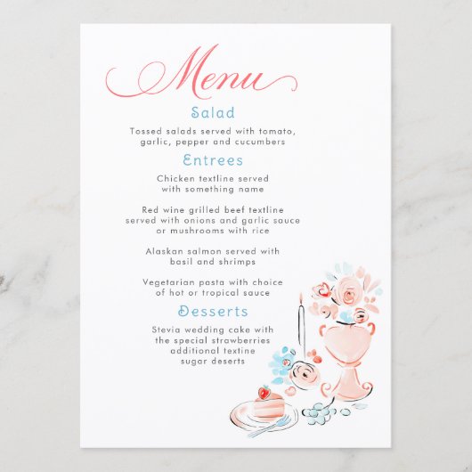Whimsical Funky Hand Drawn Dusty Blue Wedding Menu (Devant)