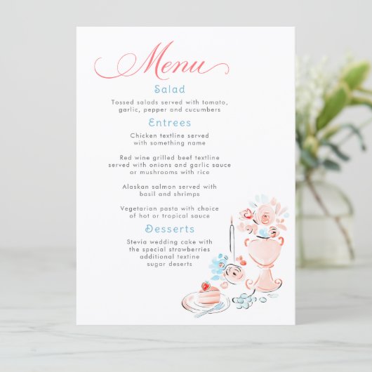 Whimsical Funky Hand Drawn Dusty Blue Wedding Menu (Debout devant)
