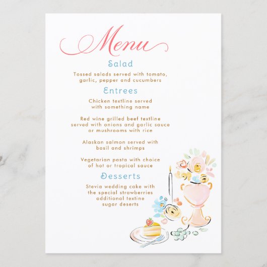 Whimsical Funky Hand Drawn Pastel Wedding Menu (Devant)