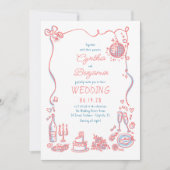 Whimsical Funky Hand getekend Roze Blauw Huwelijk Kaart (Voorkant)