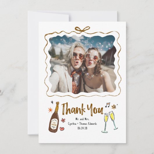 Whimsical Funky Hand Getrokken Trouwfoto Bedankkaart (Voorkant)