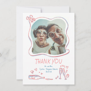 Whimsical Funky Hand Getrokken Trouwfoto Bedankkaart