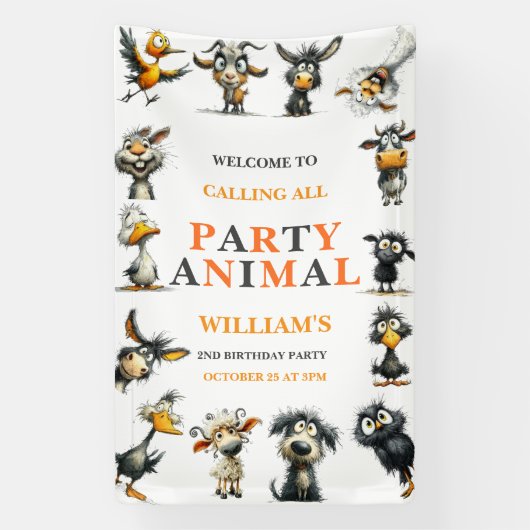 Whimsical Funny Animals 2nd Birthday Party Spandoek (Verticaal)