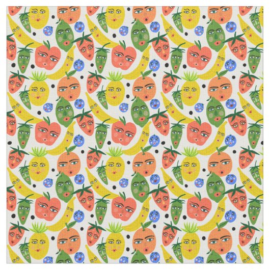 Whimsical Funny Fruit Salad Pattern Stof (Close Up)