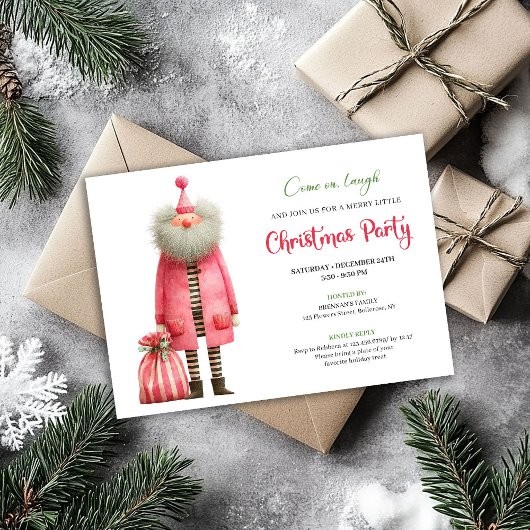Whimsical Funny Pink Santa Festive Party Invites Kaart