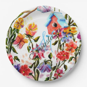 WHIMSICAL GARDEN BIRD HOUSE MONOGRAM PARTIJ PAPIEREN BORDJE