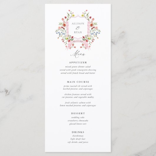 Whimsical Garden Crest Wildflower Bruiloft Menu's (Voorkant)