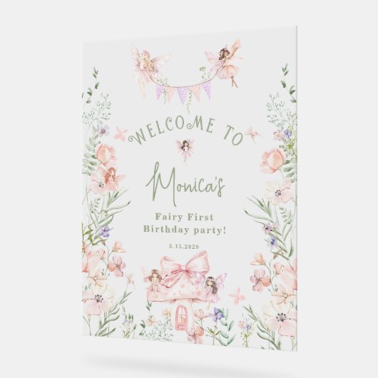 Whimsical garden Fairy First Birthday Welcome Acryl Bord (Hoek)