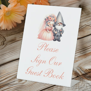 Whimsical Garden Gnome Rustieke bruiloft gastenboe Reclamebord Met Voetstuk