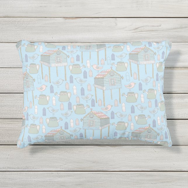 Whimsical Gardener Pattern op Blue Outdoor Buitenkussen (Voorkant)