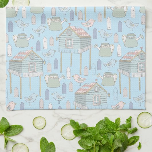 Whimsical Gardener Pattern op Blue Theedoek (Gevouwen)