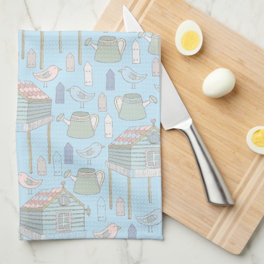 Whimsical Gardener Pattern op Blue Theedoek (Quarter Fold)