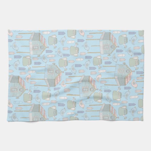 Whimsical Gardener Pattern op Blue Theedoek (Horizontaal)