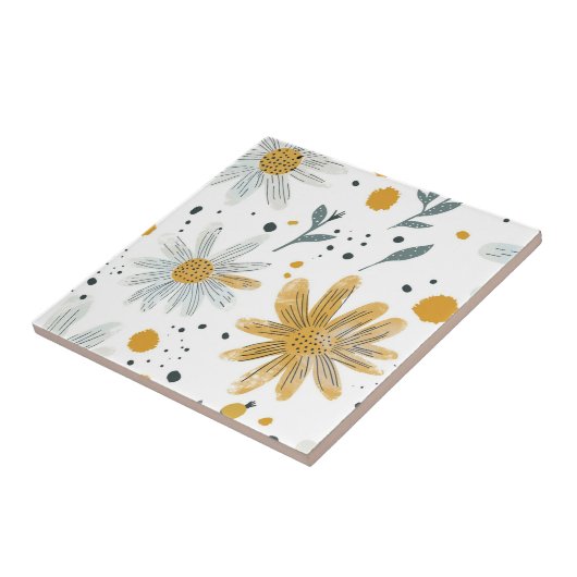Whimsical Geel en Wit Bloempatroon Tegeltje (Zijkant)
