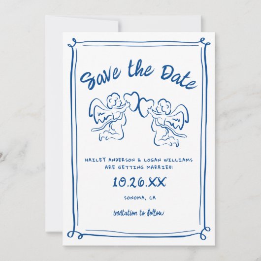 Whimsical Geïllustreerde Cupido Modern Leuke bruil Save The Date (Voorkant)