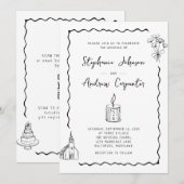 Whimsical geïllustreerde zwart-witte bruiloft kaart (Voorkant / Achterkant)