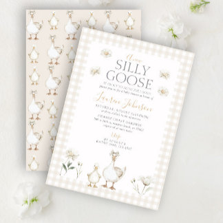 Whimsical Gekke Goose Beige Gingham Baby shower Kaart