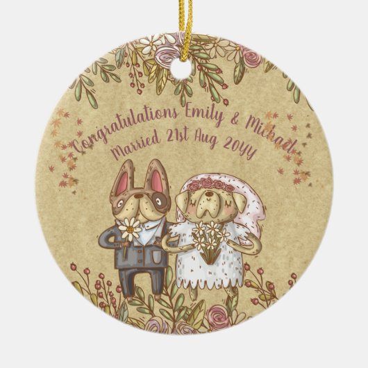 Whimsical gepersonaliseerde bruiloft bruid bruideg keramisch ornament (Voorkant)