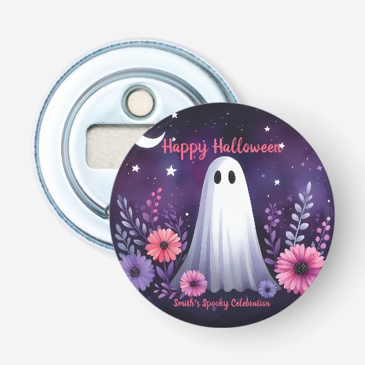 Whimsical Ghost en Floral Spooky Roze Paarse Button Flesopener (Voorkant)