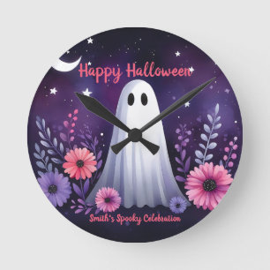 Whimsical Ghost en Floral Spooky Roze Paarse Ronde Klok
