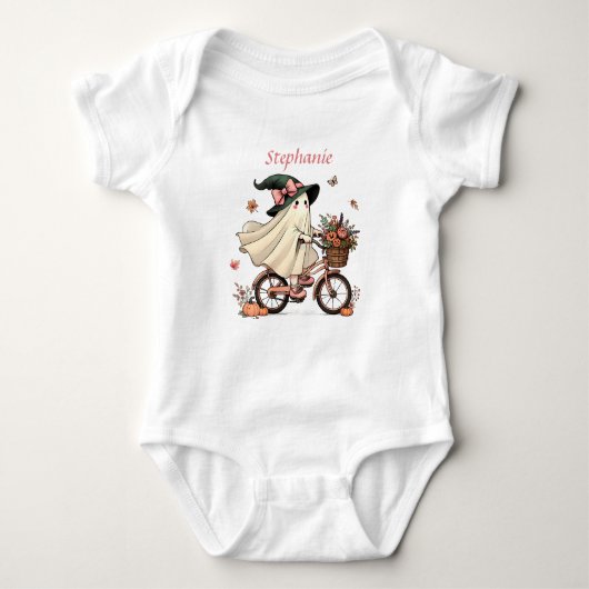 Whimsical Ghost Witch Rijden Fiets Romper (Voorkant)