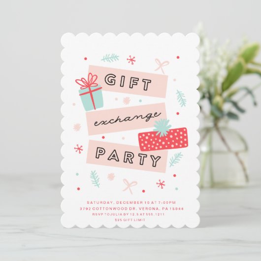 Whimsical Gift Exchange Party Uitnodiging (Staand voorkant)