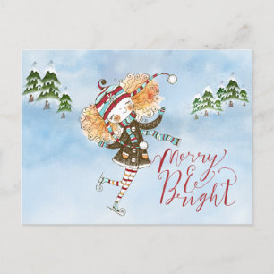 Whimsical Ginger Hair Ice Skater Feestdagenkaart