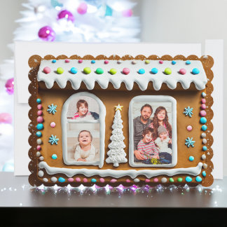 Whimsical Gingerbread House Familiefoto Kerstmis Feestdagenkaart