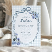 Whimsical Gingham Dusty Blue Floral Boy Baptism Kaart