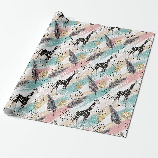 Whimsical Giraffe Polka Dot Pattern – Pastel Cadeaupapier (Uitgerold)