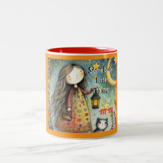 Whimsical Girl and Cat Mug "Quelqu'un m'écoute