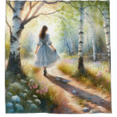 Whimsical Girl Dancing Through Birch Forest Douchegordijn (Voorkant)