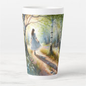 Whimsical Girl Dancing Through Birch Forest Latte Mok (Voorkant)