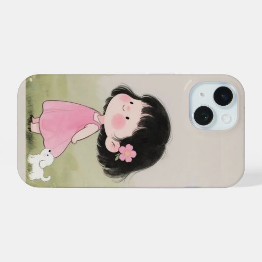 Whimsical Girl & Dog Cartoon Telefoonhoesontwerp iPhone 15 Hoesje (Achterkant horizontaal)