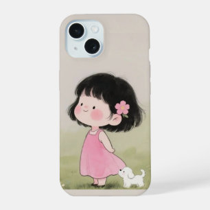 Whimsical Girl & Dog Cartoon Telefoonhoesontwerp iPhone 15 Hoesje