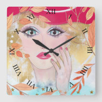 Whimsical Girl Face Hand Leaves Roman Numerals