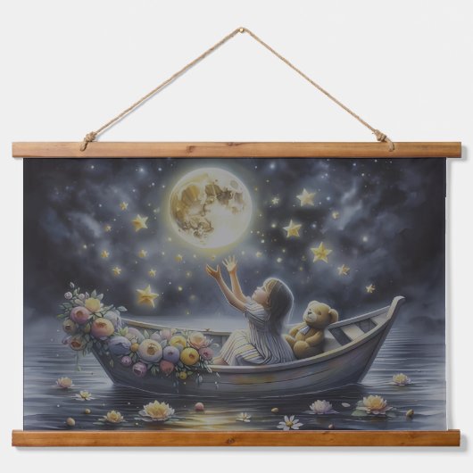 Whimsical Girl Moon Dream Fantasy Scene Hangend Wandkleed (Voorkant)