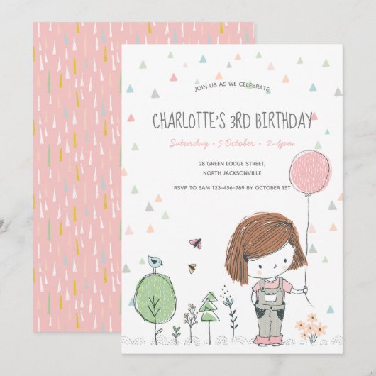 Whimsical Girls Toddlers Invitation Anniversaire (Devant / Derrière)