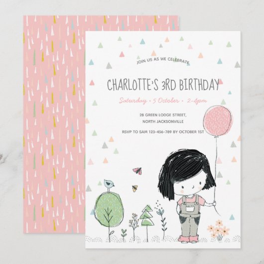 Whimsical Girls Toddlers Invitation Anniversaire (Devant / Derrière)